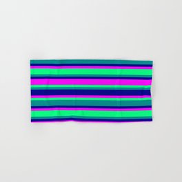 [ Thumbnail: Green, Dark Cyan, Dark Blue, and Fuchsia Striped/Lined Pattern Hand & Bath Towel ]