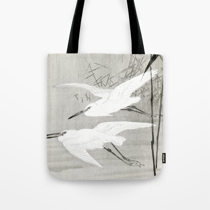 Egrets flying over the swamp - Japanese vintage woodblock print art Tote Bag