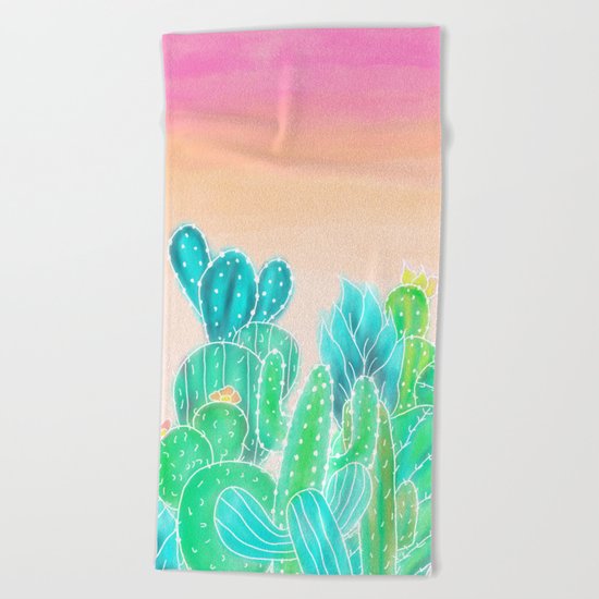 Modern tropical exotic summer cactus illustration pink ombre watercolor Beach Towel