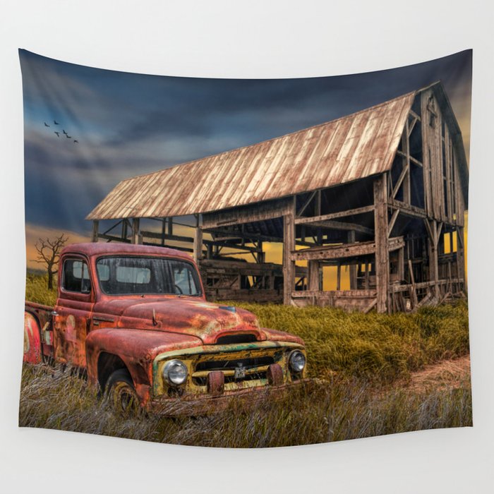 Red Pickup Truck with Weathered Barn in a Rural Landscape Wall Tapestry