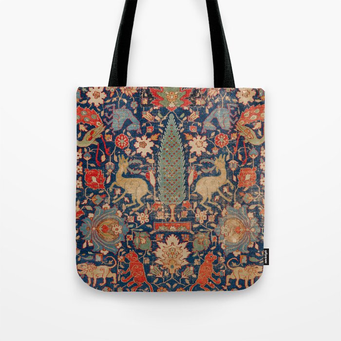 17th Century Persian Rug Print with Animals Tote Bag