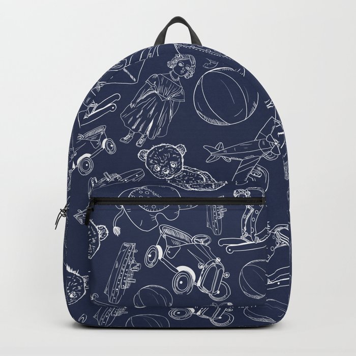 Navy Blue and White Toys Outline Pattern Backpack