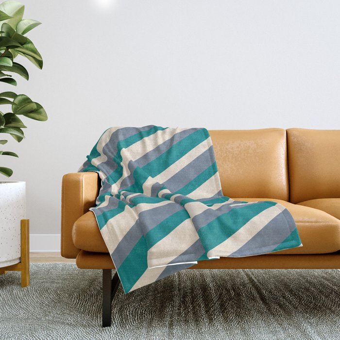 Beige, Slate Gray, and Teal Colored Lined/Striped Pattern Throw Blanket