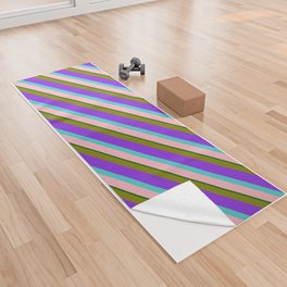 [ Thumbnail: Colorful Green, Purple, Turquoise, Light Pink, and Dark Green Colored Lined/Striped Pattern Yoga Towel ]