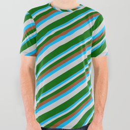 [ Thumbnail: Sienna, Deep Sky Blue, Light Gray & Dark Green Colored Lined/Striped Pattern All Over Graphic Tee ]