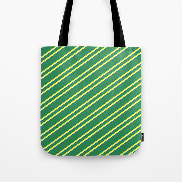 Sea Green, Yellow, and Mint Cream Colored Lined/Striped Pattern Tote Bag
