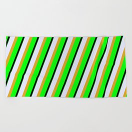 [ Thumbnail: Eyecatching Lavender, Goldenrod, Lime, Black, and Green Colored Lines Pattern Beach Towel ]