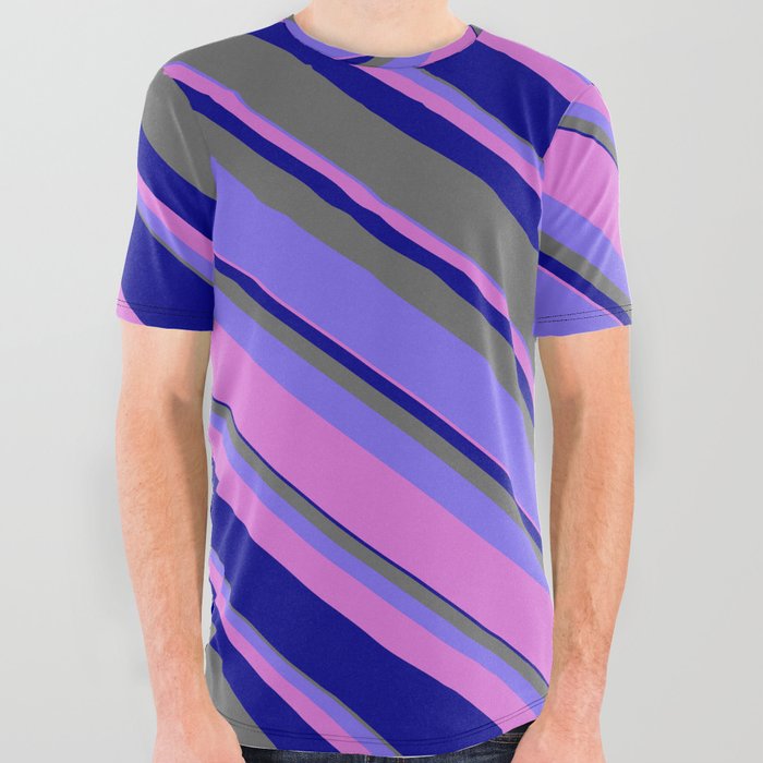 Medium Slate Blue, Orchid, Dark Blue & Dim Grey Colored Stripes/Lines Pattern All Over Graphic Tee