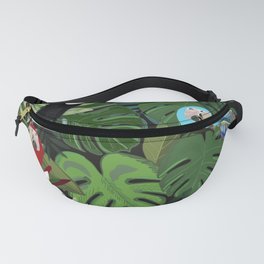 Tropical forest and birds pattern black background Fanny Pack