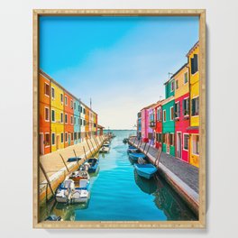 Burano water canal colorful houses and boats, Venice Serving Tray