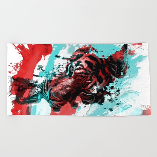 Tiger blue red 4 Beach Towel