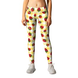 Strawberries All Over - yellow check Leggings