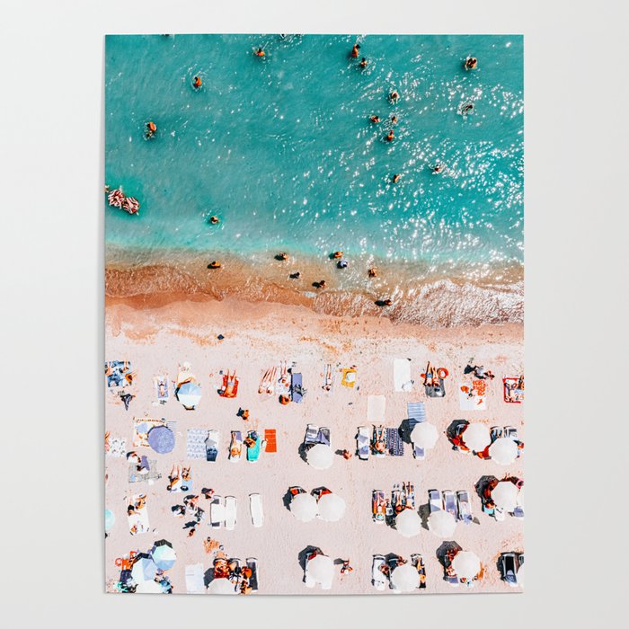 Beach Vibes, Umbrellas Print, Ocean Sea Beach People Print, Aerial Beach Summer Art Print, Aerial Photography, Summer Vibes Coastal Art Poster