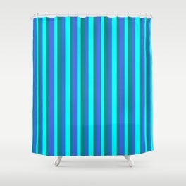 [ Thumbnail: Royal Blue, Dark Cyan, and Aqua Colored Stripes/Lines Pattern Shower Curtain ]