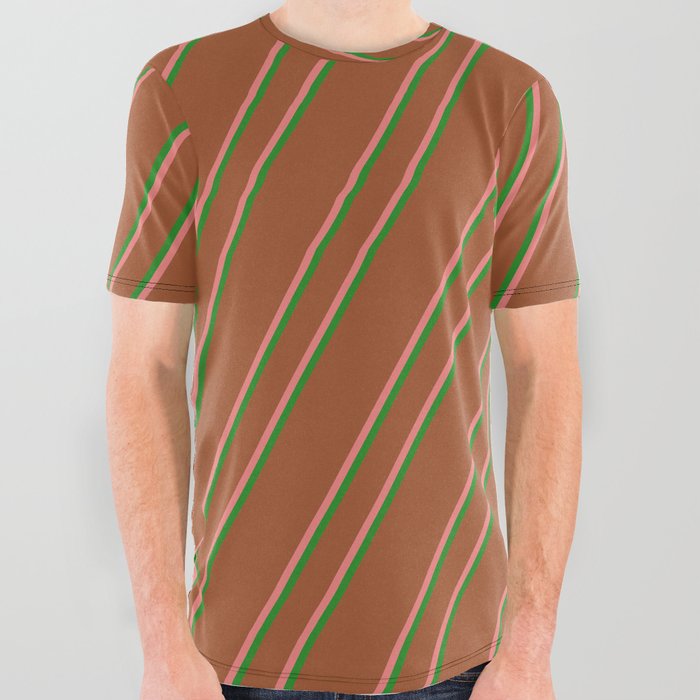 Sienna, Light Coral & Forest Green Colored Stripes Pattern All Over Graphic Tee