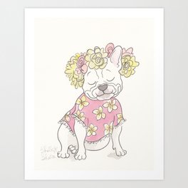 Pretty French Bulldog with Flowers and Frangipanis Art Print
