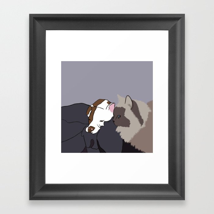 A Pit Bull and Her Kitty Framed Art Print | Drawing, Digital, Pit-bull, Rag-doll, Blue-point, Cat, Dog, Cat-and-dog, Blue-eyes, Kitty