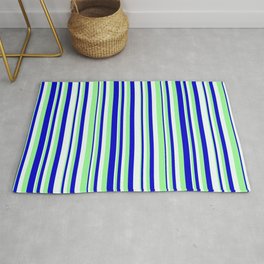 [ Thumbnail: Mint Cream, Green, and Blue Colored Pattern of Stripes Rug ]