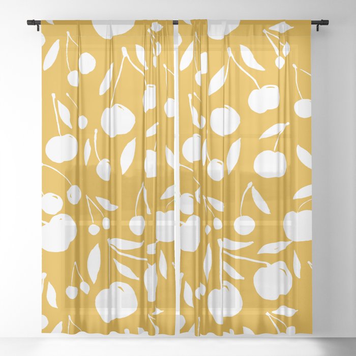 Cherries pattern - yellow ochre Sheer Curtain