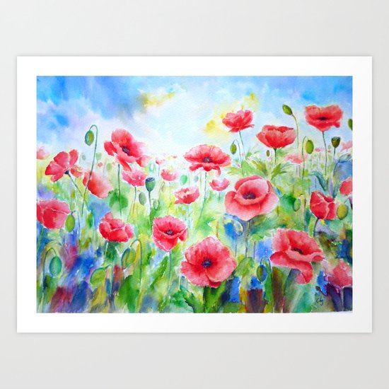 Watercolor Red Poppy Field Art Print By Chengjing Society6