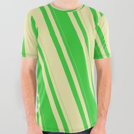 [ Thumbnail: Lime Green and Pale Goldenrod Colored Stripes Pattern All Over Graphic Tee ]