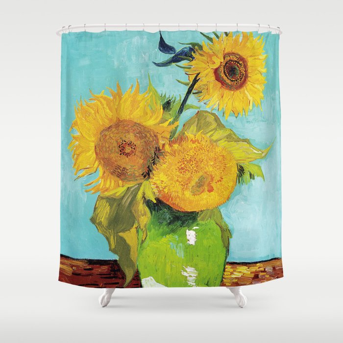 Three Sunflowers Shower Curtain, Van Gogh Sunflower Shower Curtain
