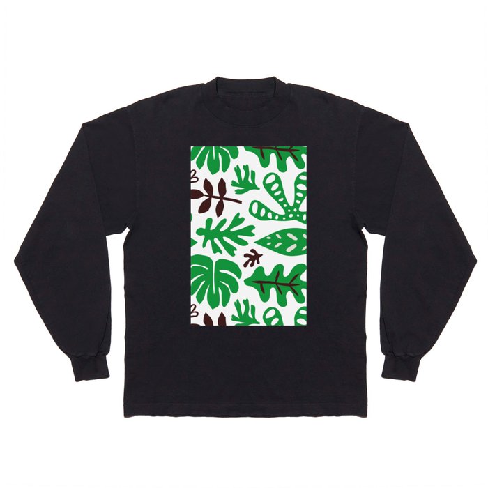Green tropical leaf doodle pattern Long Sleeve T Shirt