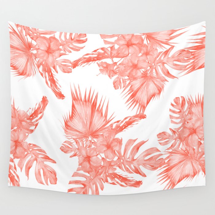Tropical Palm Leaves Hibiscus Flowers Deep Coral Wall Tapestry