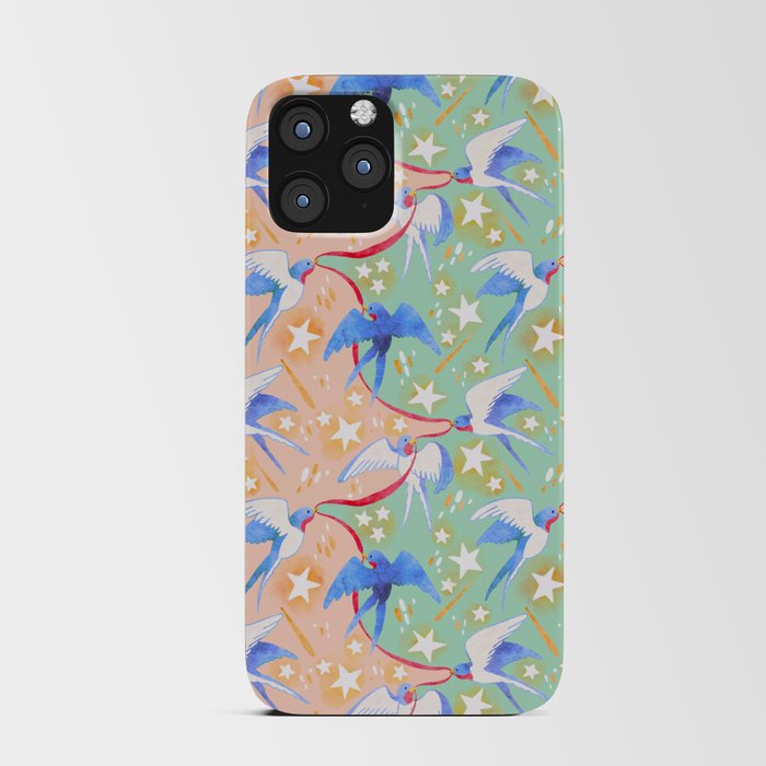 Swallows carrying Ribbons shuttle between Meteor Showers (Aqua/Coral) iPhone Card Case