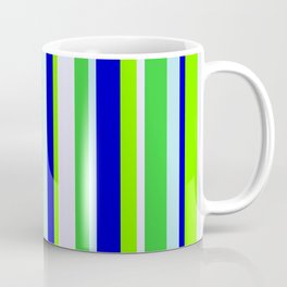 [ Thumbnail: Colorful Powder Blue, Blue, Chartreuse, Lavender & Lime Green Colored Lines Pattern Coffee Mug ]