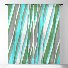 [ Thumbnail: Dim Grey, Cyan, Mint Cream & Dark Green Colored Stripes Pattern Sheer Curtain ]