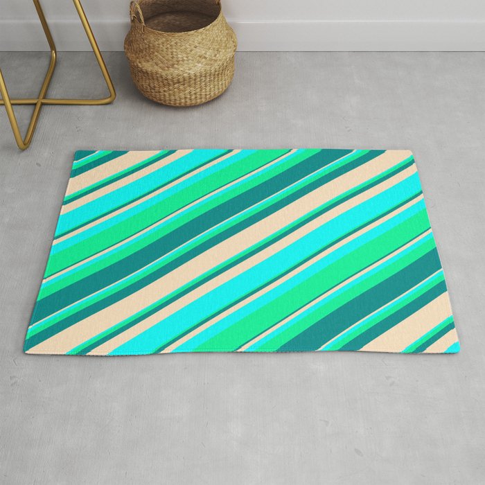 Green, Dark Cyan, Bisque, and Aqua Colored Pattern of Stripes Rug