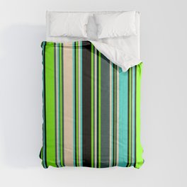 [ Thumbnail: Eyecatching Green, Dark Slate Gray, Bisque, Turquoise, and Black Colored Lined Pattern Comforter ]