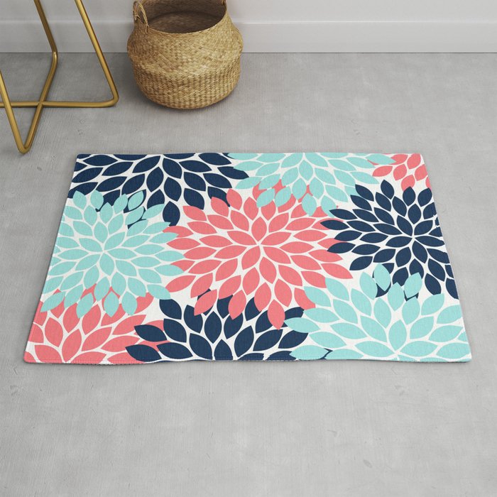 Navy Coral Aqua Floral Pattern Flower Burst Petals Rug By