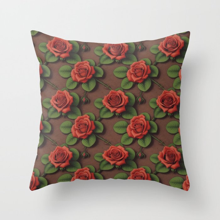 Vintage Blooms: Earthy Rose Pattern Throw Pillow