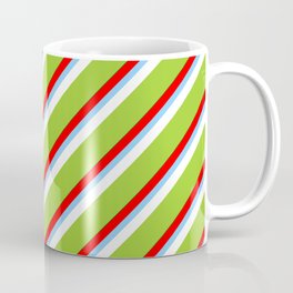 [ Thumbnail: Colorful Red, Light Sky Blue, White, Green, and Dark Green Colored Stripes Pattern Coffee Mug ]
