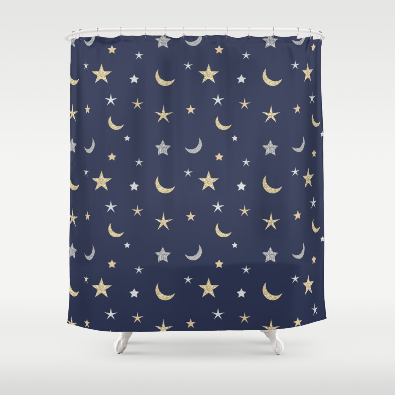 Gold And Silver Moon And Star Pattern On Navy Blue Background
