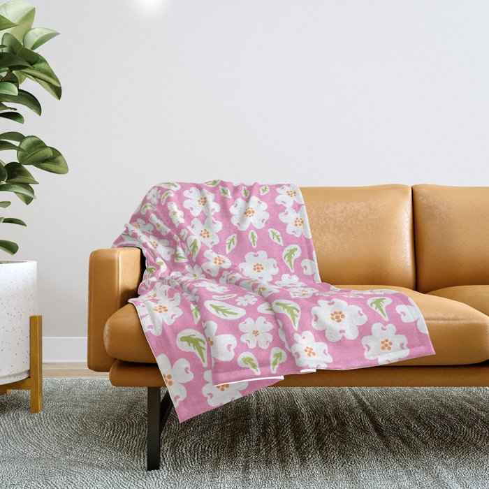 Mid-Century Modern Dogwood Flowers Bloom Pink Throw Blanket