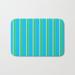 [ Thumbnail: Deep Sky Blue, Lime Green, and Powder Blue Colored Striped Pattern Bath Mat ]