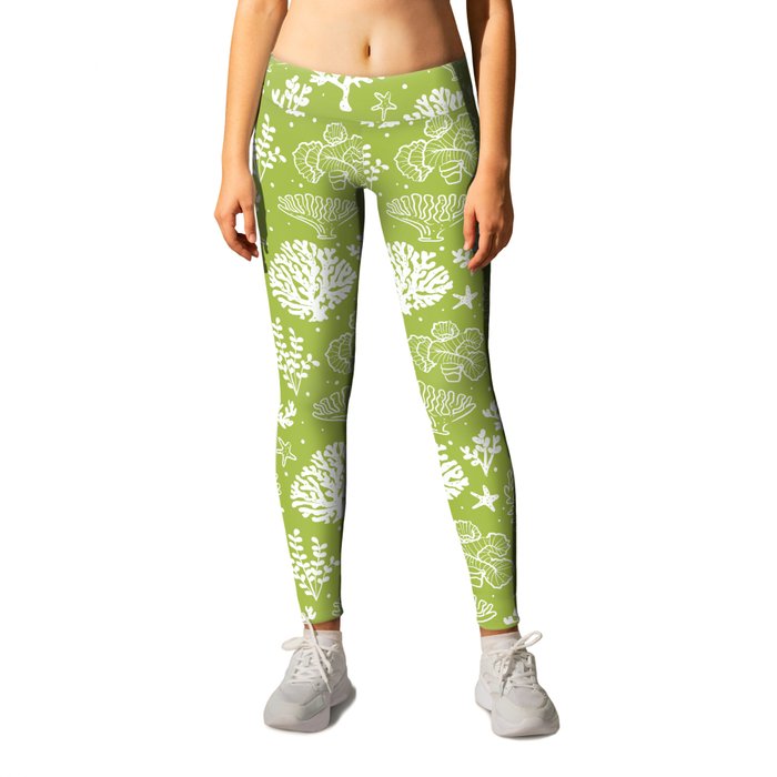 Light Green And White Coral Silhouette Pattern Leggings
