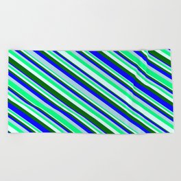 [ Thumbnail: Eyecatching Light Blue, Green, Light Cyan, Dark Green & Blue Colored Pattern of Stripes Beach Towel ]