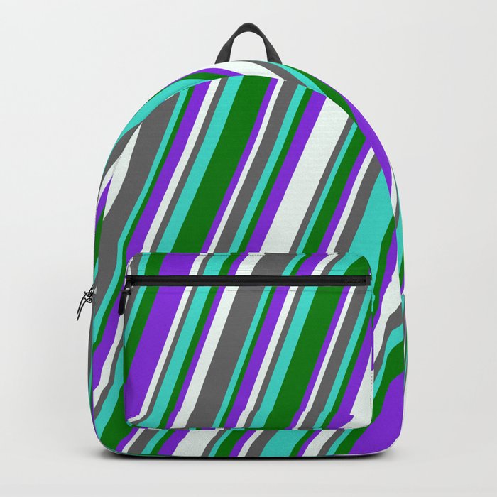 Dim Grey, Turquoise, Green, Purple & Mint Cream Colored Lined Pattern Backpack