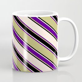 [ Thumbnail: Beige, Indigo, Dark Khaki, and Black Colored Striped/Lined Pattern Coffee Mug ]