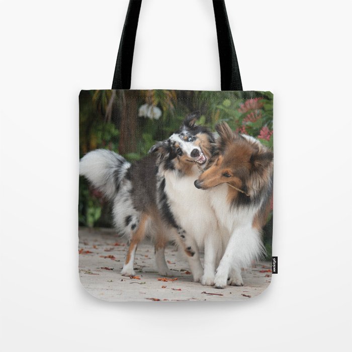 Sheltie dogs playing Tote Bag