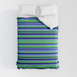 [ Thumbnail: Cornflower Blue, Lime Green, and Blue Colored Striped/Lined Pattern Comforter ]