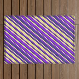 [ Thumbnail: Purple, Dark Slate Blue, and Tan Colored Striped Pattern Outdoor Rug ]