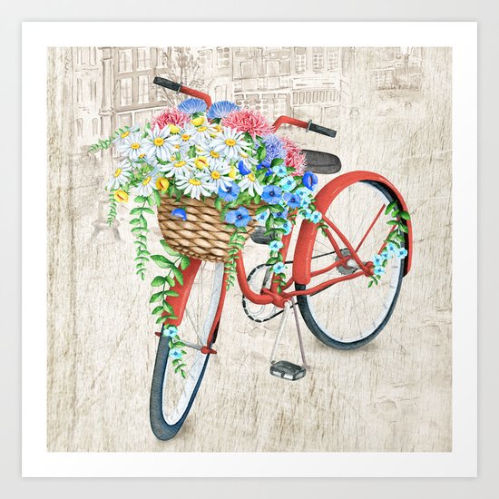Red bike & white daisy Art Print