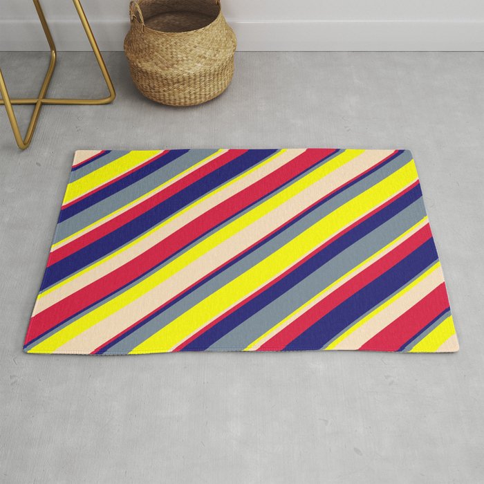 Vibrant Light Slate Gray, Yellow, Bisque, Crimson & Midnight Blue Colored Lines/Stripes Pattern Rug
