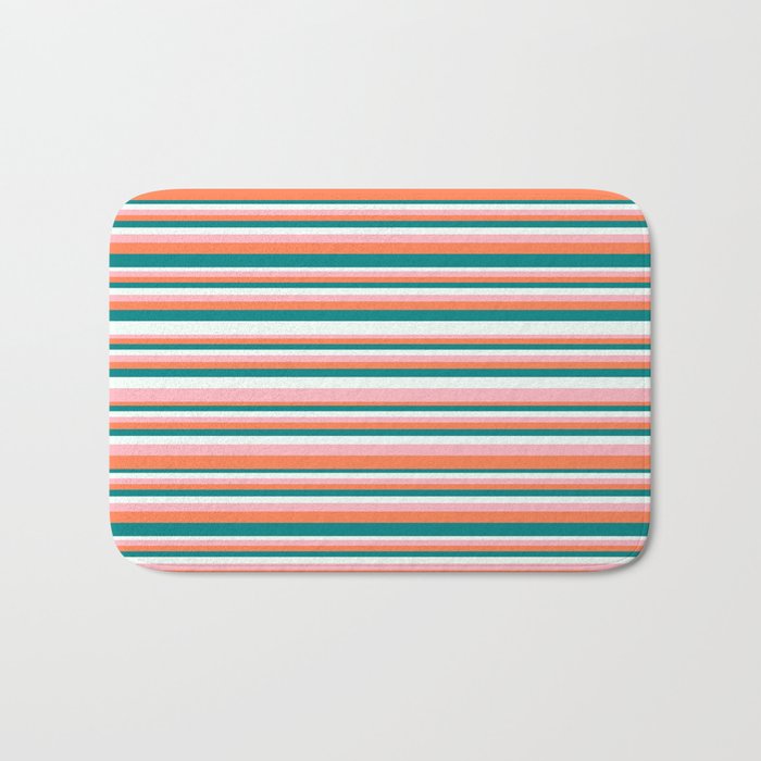 Teal, Mint Cream, Light Pink, and Coral Colored Lines/Stripes Pattern Bath Mat