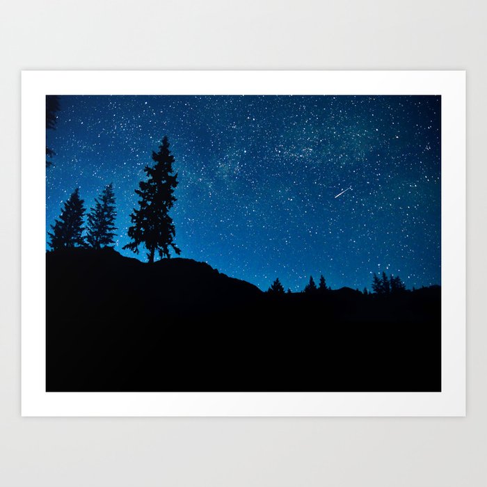 Amazing Blue Ombre Night Sky With Tree Silhouette Art Print By Enshape